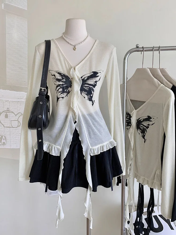 American Style High Street Gyaru Long Sleeve T-Shirts Women V-Neck Bufferfly Print Design Ruffle Tops Autumn 2024 Sexy Slim Tees