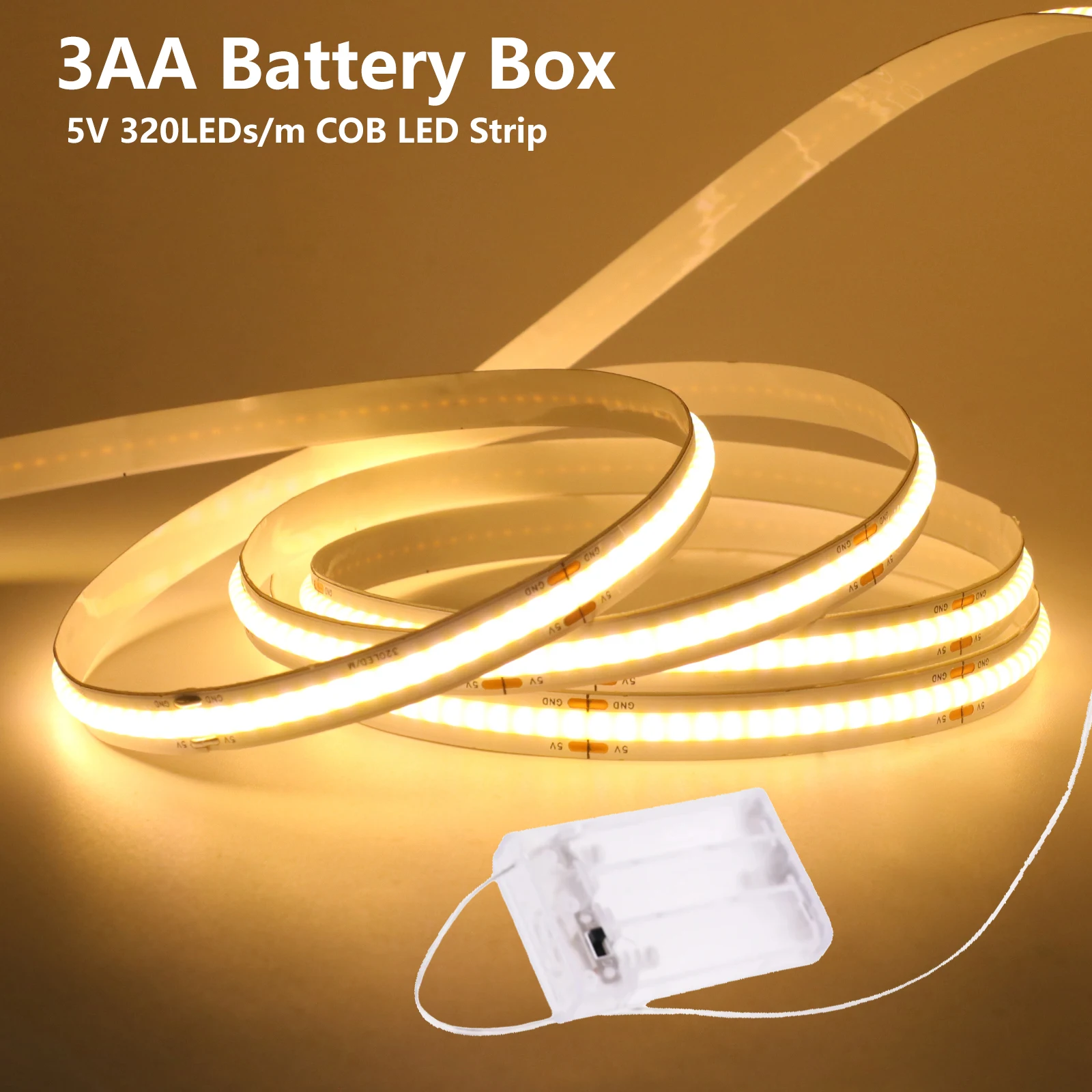 

3AA Battery Box COB LED Strip 5V 8MM 320LEDs/m Warm Natural White Flexible Battery Tape COB Strip for Bedroom TV Backlight