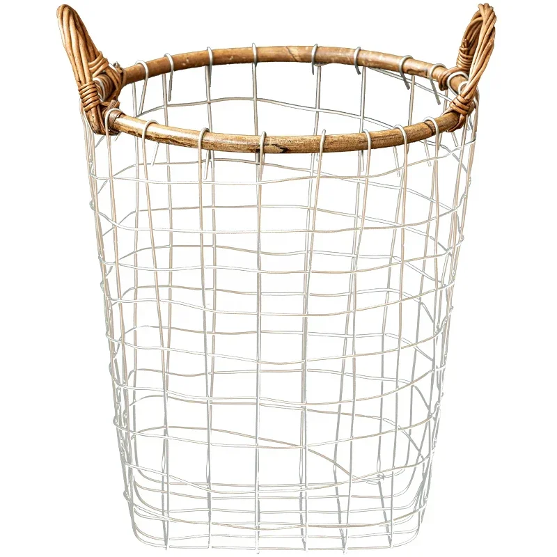 Vintage Double Ear Laundry Basket, Iron Mesh Storage Bucket, Vine Weaving Handle, Fruits Basket, Versatile Scene, Kitchen Items