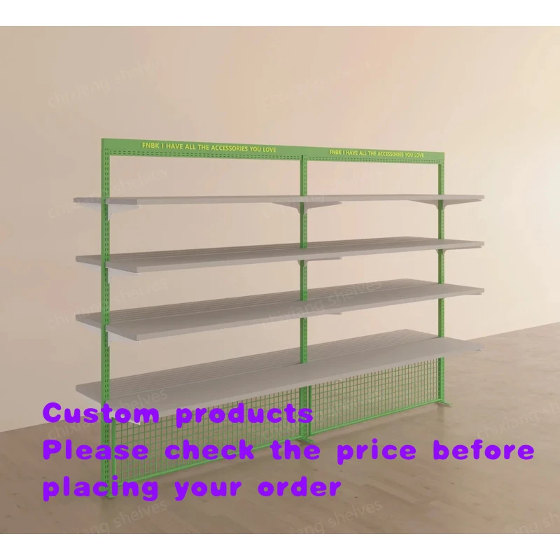 custom.Customized Metal Double-sided Light Weight Freestanding Supermarket Shelves with Custom Hooks Layers Boutique Display