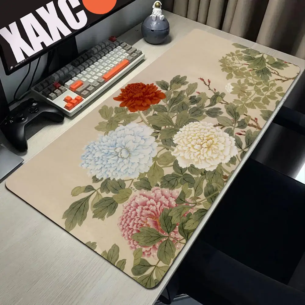 HYBXAXC Chinese Style Flower And Bird Painting Gamer Mousepad XXL keyboard pad Natural Rubber Non-Slip Office Desktop Mouse Pad