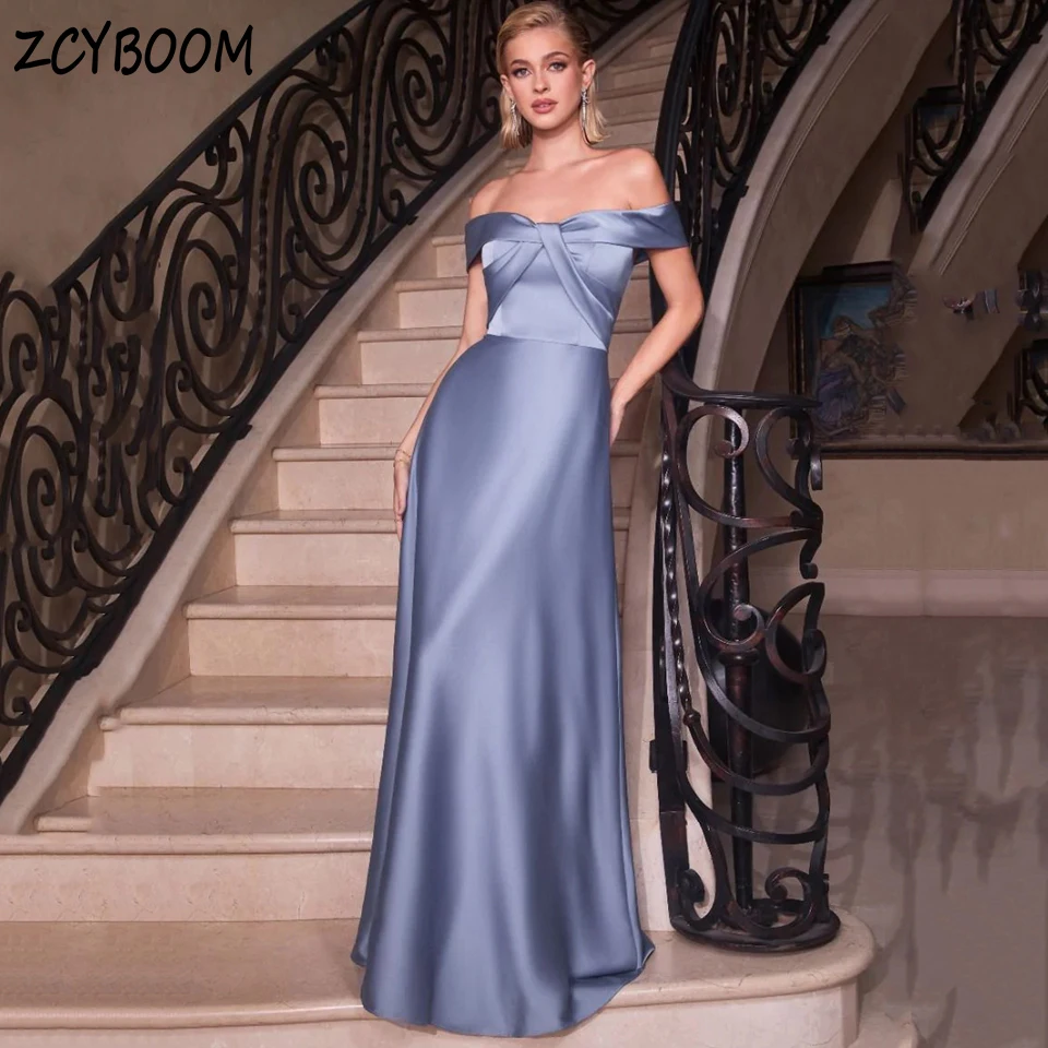 

Elegant Dusty Blue Boat Neck Off The Shoulder Sleeveless Evening Dress 2025 A-Line Floor Length Custom Made Zipper Prom Dress