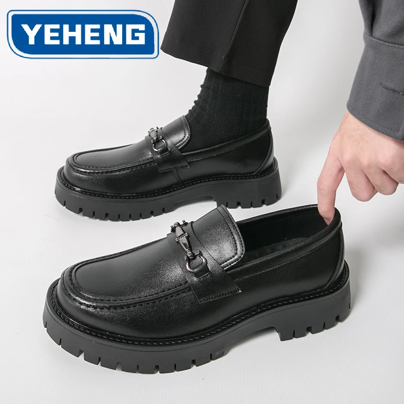 Luxury Design Heavy Lug Thick Sole Men Business Loafers Metal Buckle Classic Slip On Leather Dress Shoes Formal Wedding Flats