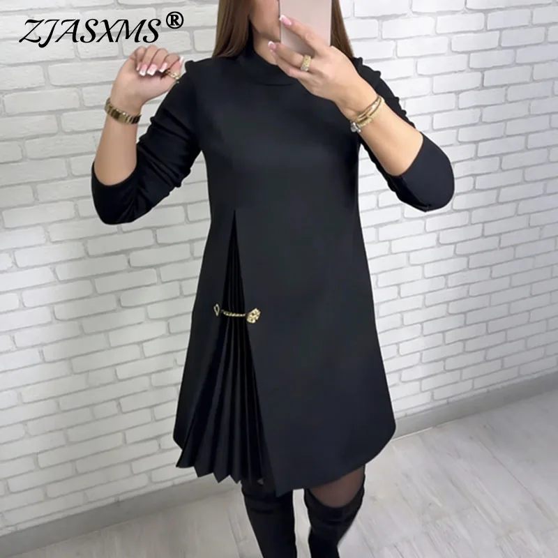 2026 Spring Sexy O Neck Patchwork Pleated Dress Woman Elegant Solid Slim A-Line Party Dress Autumn Long Sleeve Female Mini Dress