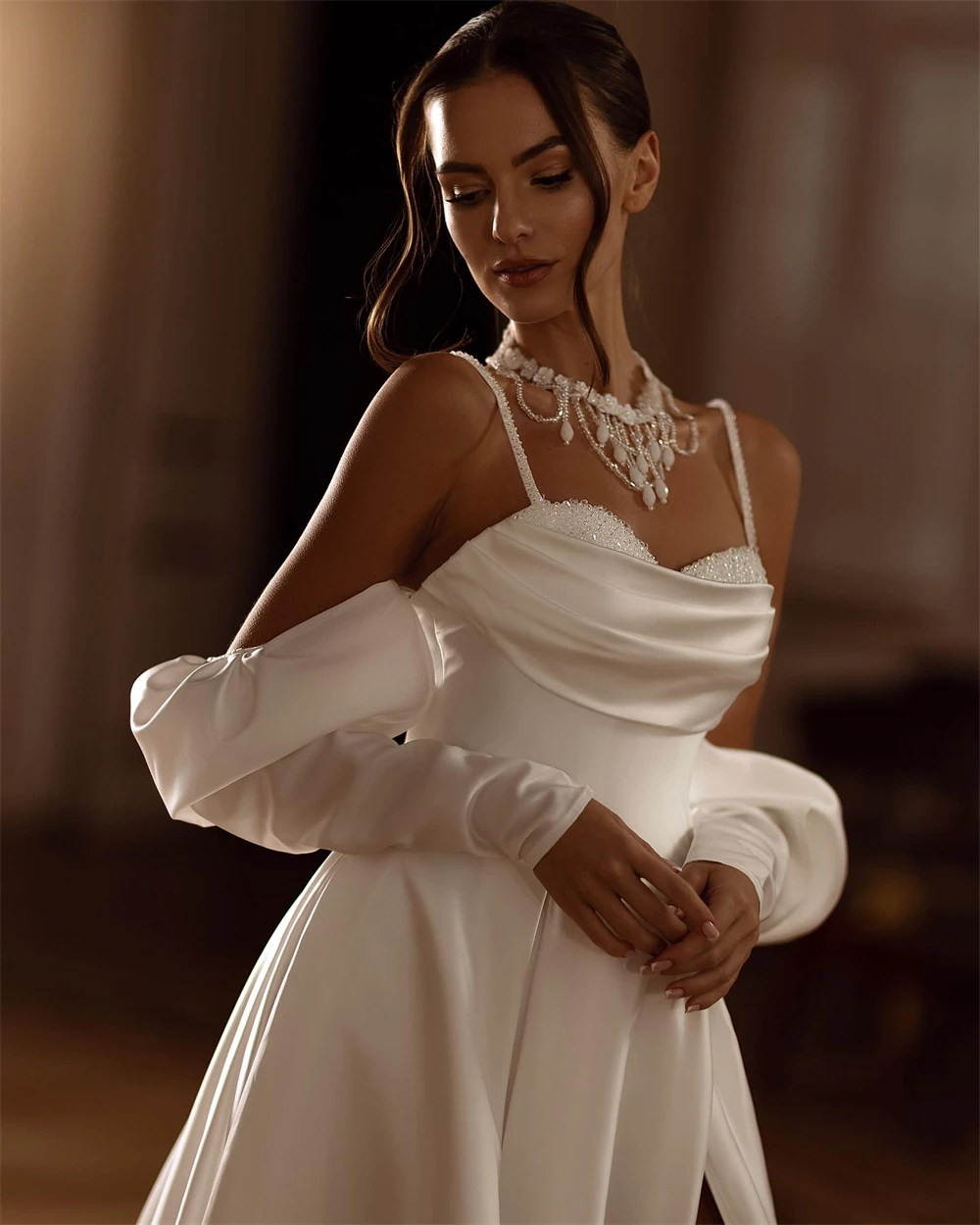 

Customized Boho White Satin Wedding Dress Elegant Sweetheart Long Sleeves Bridal Gown Simple A-Line Court Train Vestido De Novia