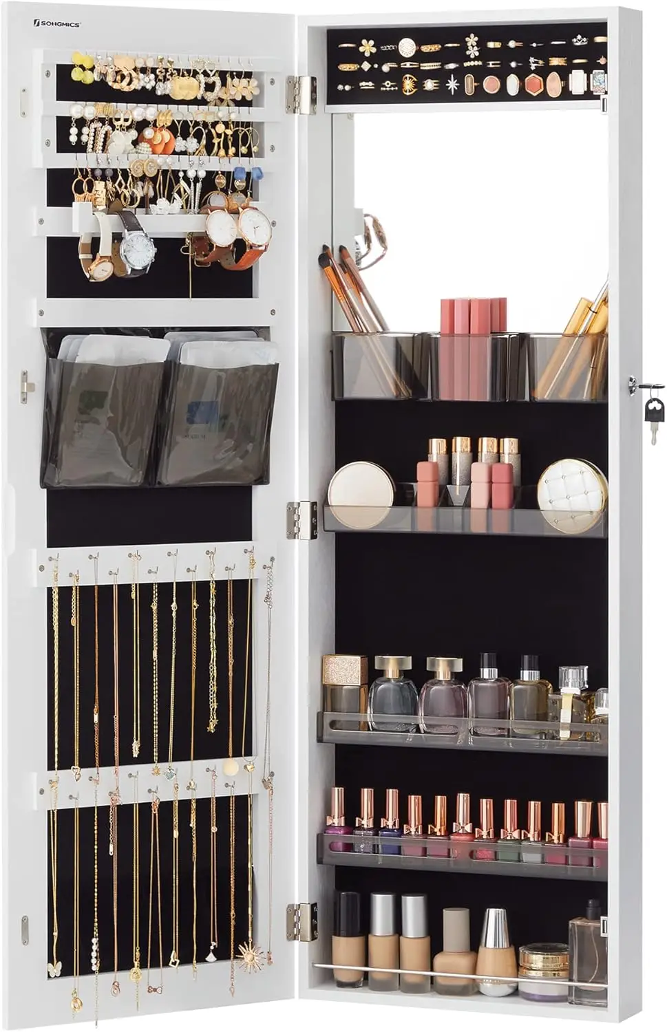 Songmics Jewelry Cabinet Armoire With Mirror, Wall Or Door Mount Storage Organizer With Full-Length Frameless Mirror, Lockable