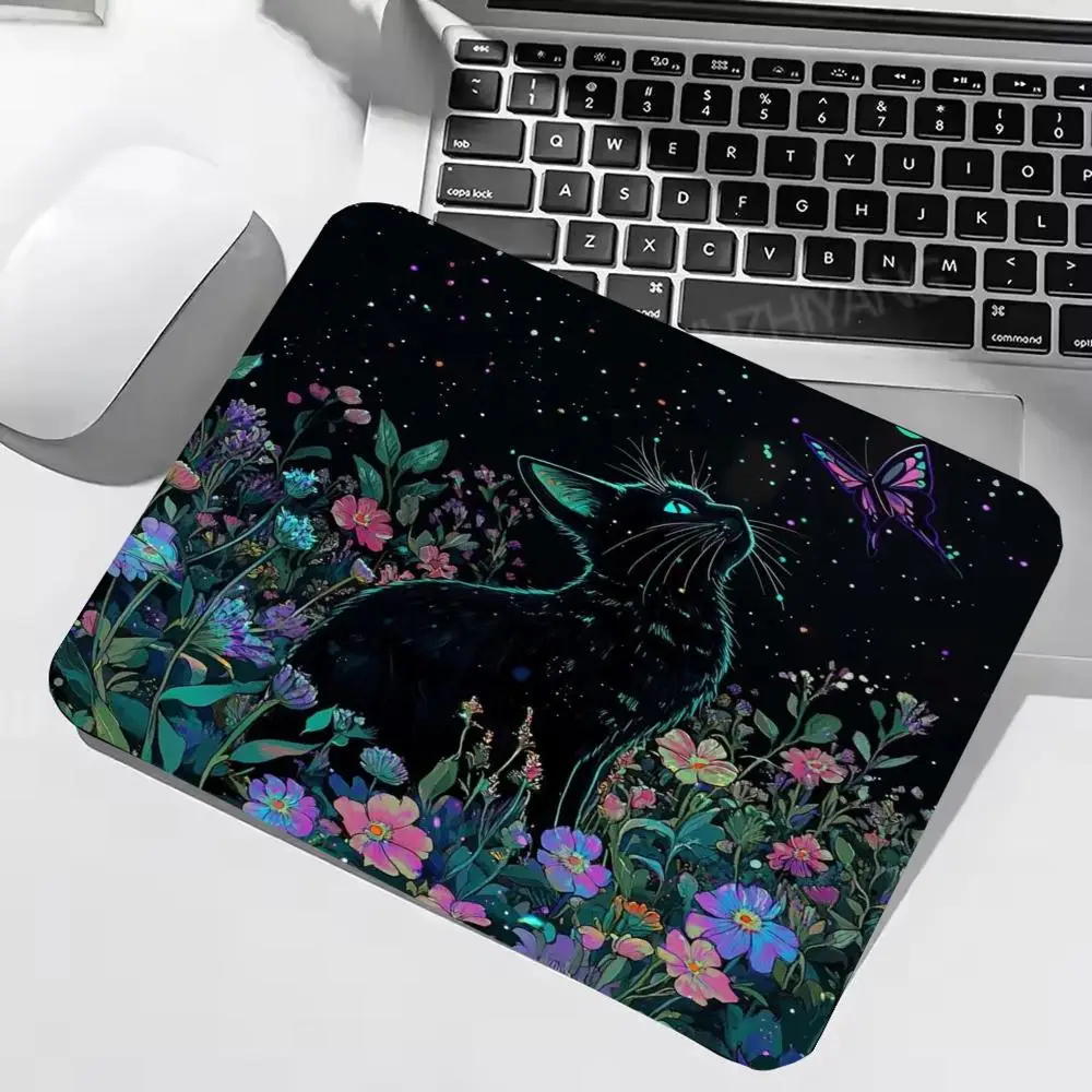 Small Gaming Mouse Pad Black Cat Butterfly Colorful Wild Flower Night Garden Art Print Non Slip Office Accessories22*18/25*29CM