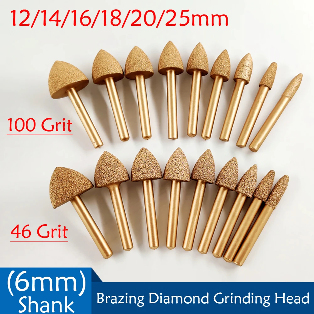 

12-25mm Brazed Diamond Grinding Head Abrasive Wheel 6mm Shank 46/100 Grit For Jade Peeling Stone Electric Carving Tools