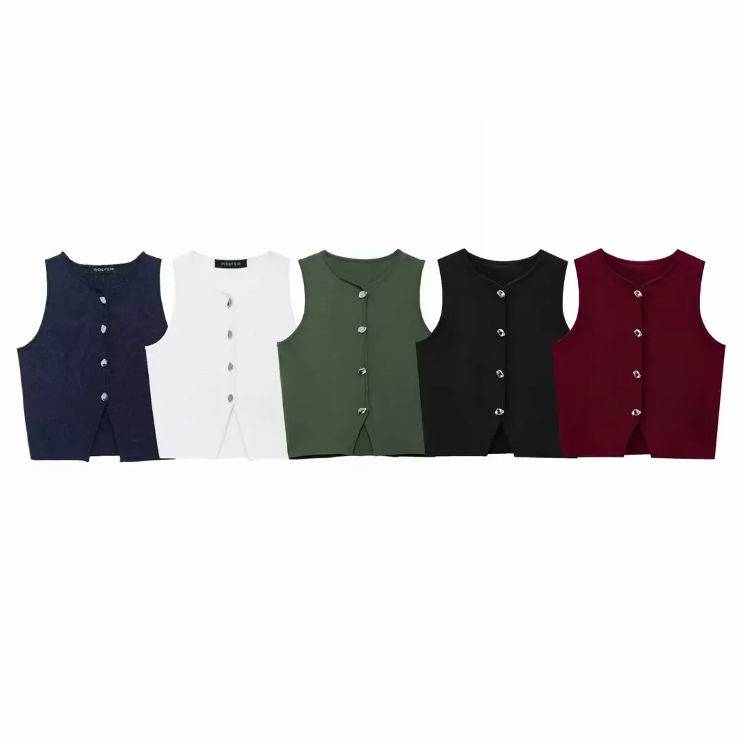 

Women's 2024 new fashion multi-color elastic slim short O Neck knitted vest retro sleeveless button up women's vest top