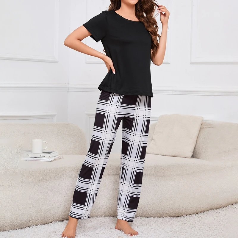 Women\'s Plaid Print Pajama Set Soft Micro Elasticity Polyester Fabric Autumn Short Sleeve Tee Tops & Pants Sleepwear Loungewear