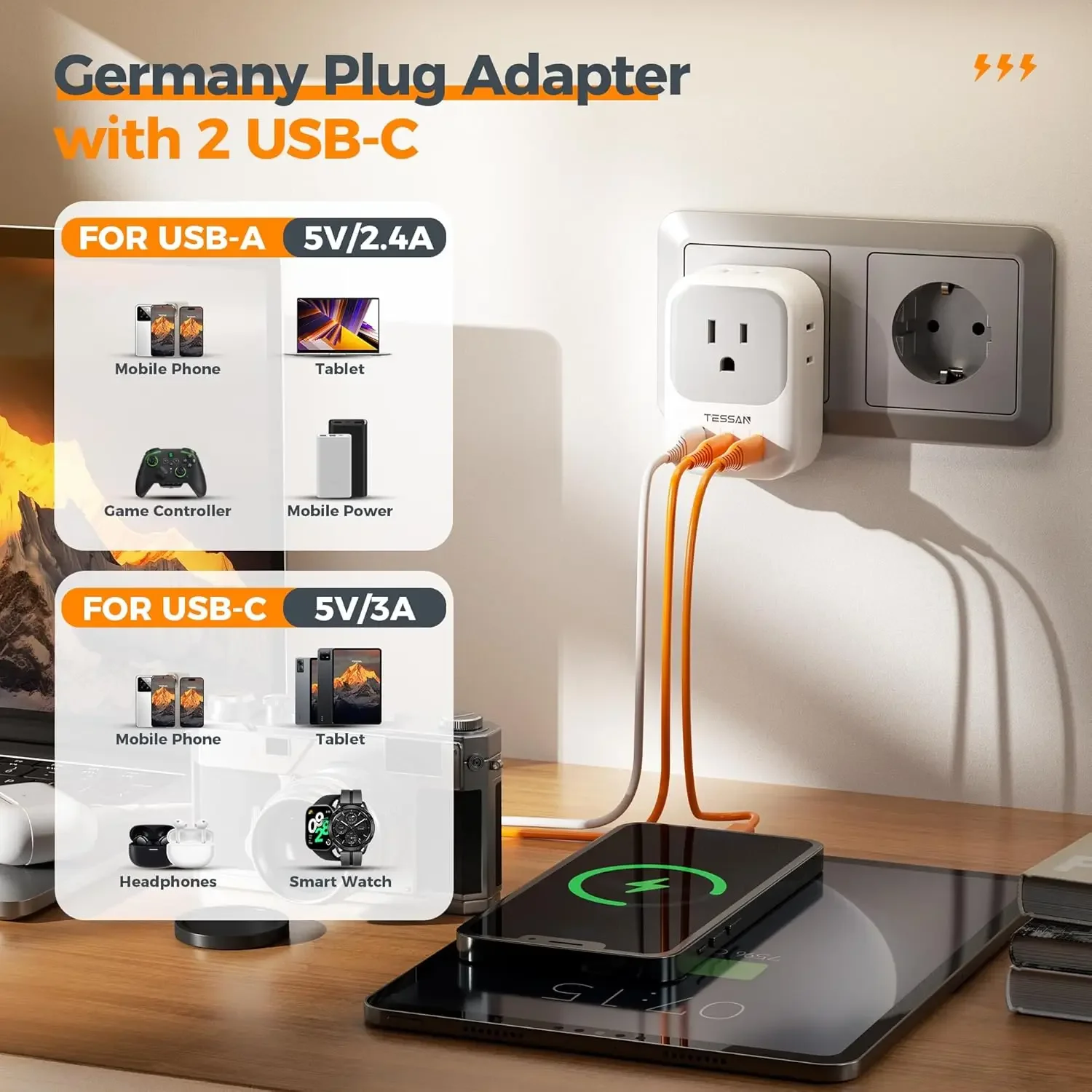 TESSAN US to EU Travel Adapter with 4 AC Outlets 3 USB Ports 7 in 1 Type E/F Plug Adaptor for Spain French Russia Wall Socket