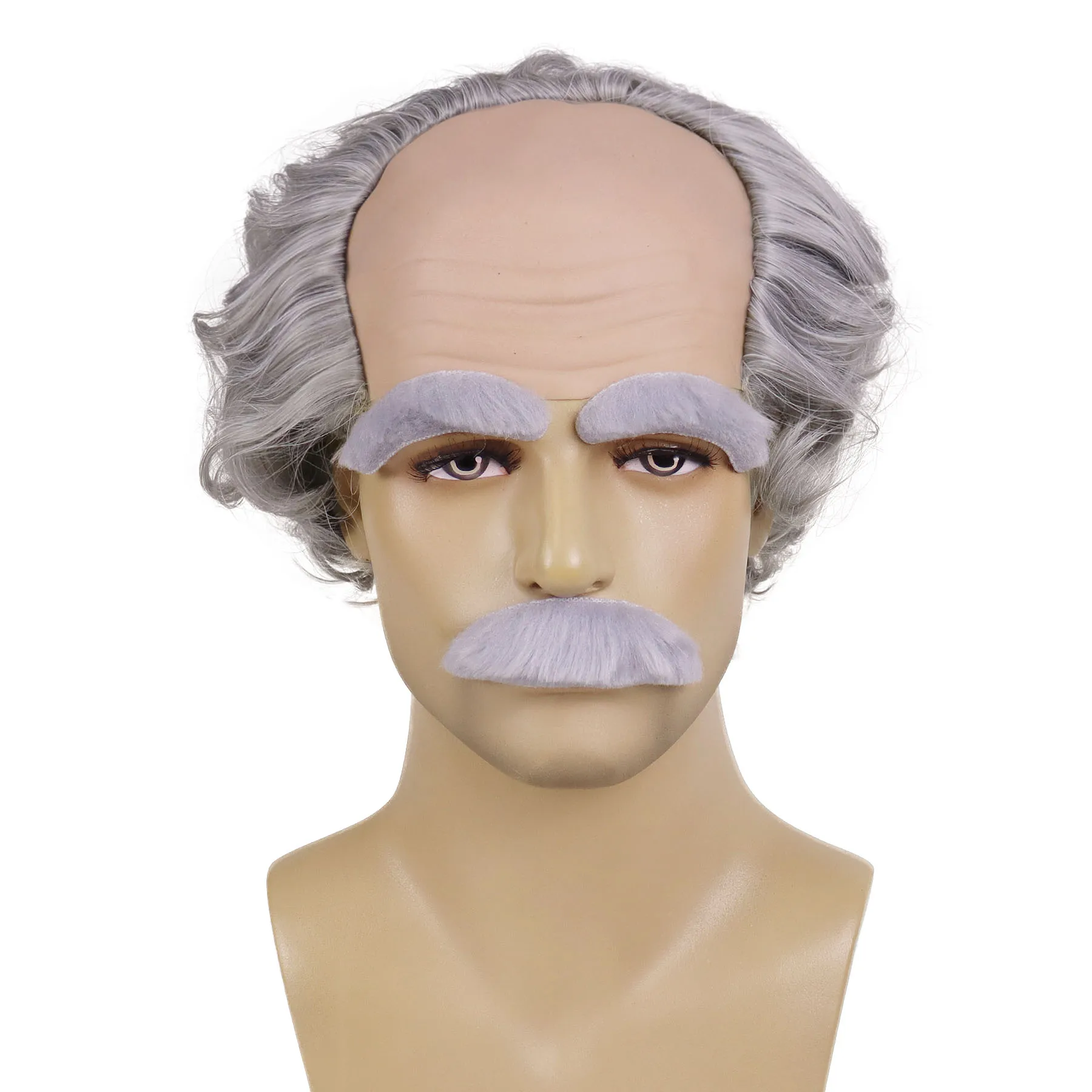 Juego De Peluca De Calvo Para Abuelo – 3 Piezas Con Peluca Gris, Bigote Y Cejas Falsas – Disfraz De Anciano, Científico O Hombre Mayor – Accesorios Realistas Para Halloween Y Fiestas Temáticas