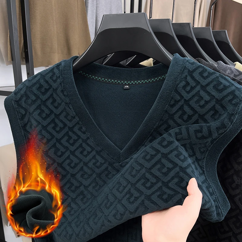 เกาหลีแฟชั่นผู้ชายหนา Jacquard รูปแบบเสื้อกันหนาวหรูหรา Pullover 2024 ฤดูใบไม้ร่วงฤดูหนาวแขนกุดชายเสื้อกั๊กจัมเปอร์