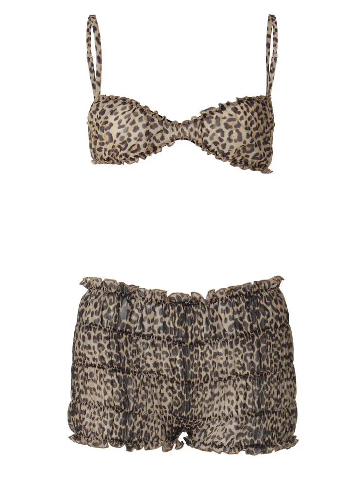 Absobe Sexy Y2K Leopard Shorts 2 Piece Set Women Sheer Chiffon Agaric Laces Bra Ruched Cake Slim Suit Summer 2024 Beachwear