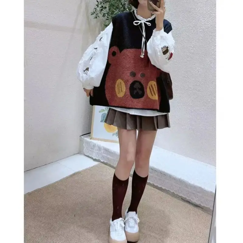 Hikigawa Chic Fashion Women Cartoon Bear Sweater Vests Coats Autumn Casual All Match Gentle Loose Knitted Pullovers Tops Mujer