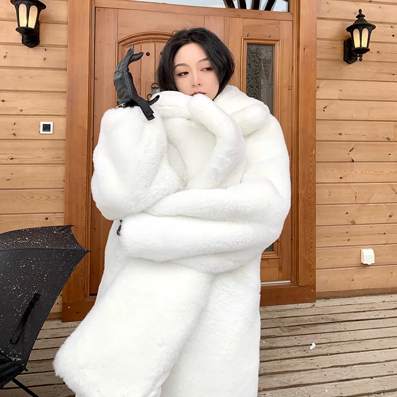 Winter Warm White Faux Fur Coat Women Long Sleeve Lapel Double Breasted Luxury Elegant Fluffy Fake Rabbit Fur Blazers