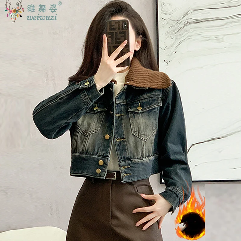 

Autumn Winter Short Denim Jacket Women New Denim Top Outwear Vintage Fashion Warm Inner Layer with Velvet Cowgirl Coat Slimming