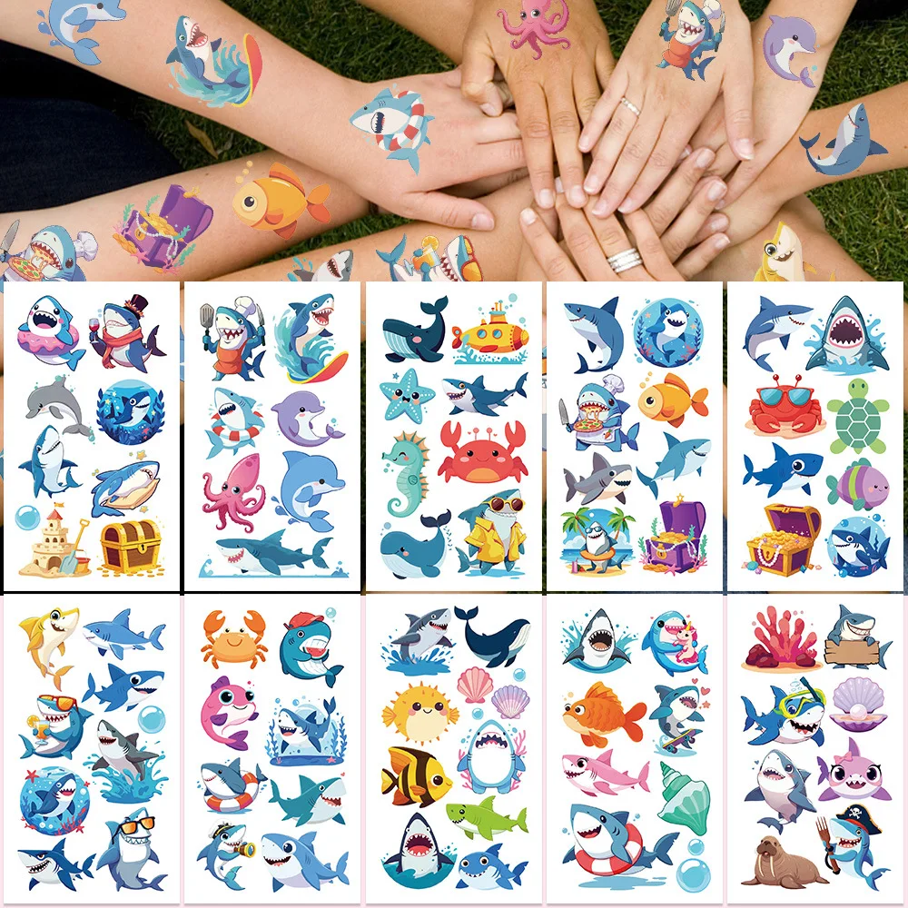 10 Sheets Shark Temporary Tattoos Waterproof Shells Starfish Crabs Ocean Theme Tattoo Stickers for Women Men Hand Tattoo Fake