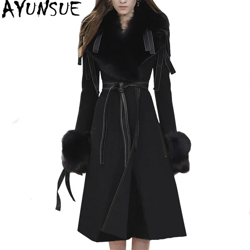 

AYUNSUE Double Side Wool Coat Female Fox Fur Collar Long Coats 2020 Winter Jacket Women korean woolen coats casaco feminino MY