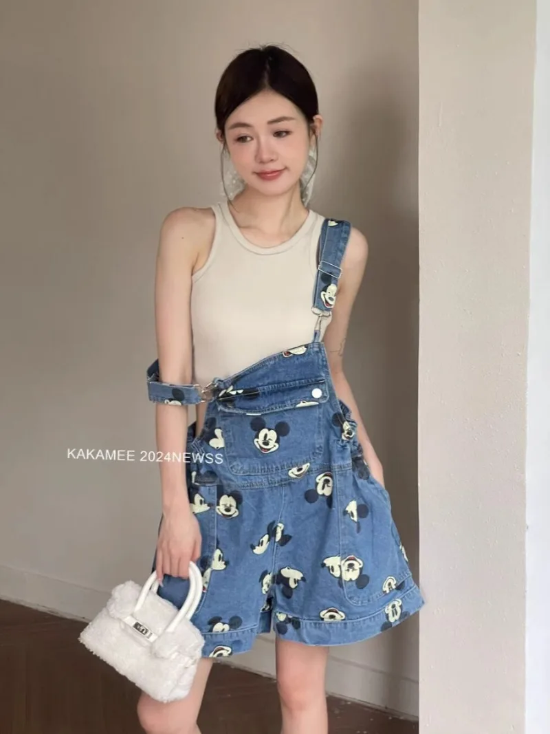 Young Cartoon Full Printed Denim Jumpsuit Women's Clothes 2024 Summer New American Style Loose Fashion Casual Jeans Short Pants