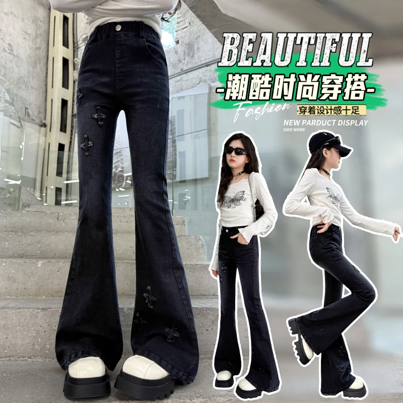 Girls Star Embroidery Jeans Vintage Y2k Flared 2000s Black Slim Retro Baggy Denim High Street Basic Trousers Ages 4-14 Years