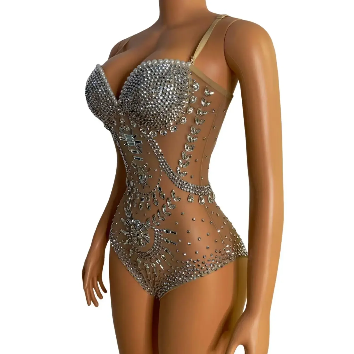 Bodysuit pérola strass para mulheres, apliques sem mangas, boate Dance Show Wear, festa à noite, drag queen traje, Jingtian