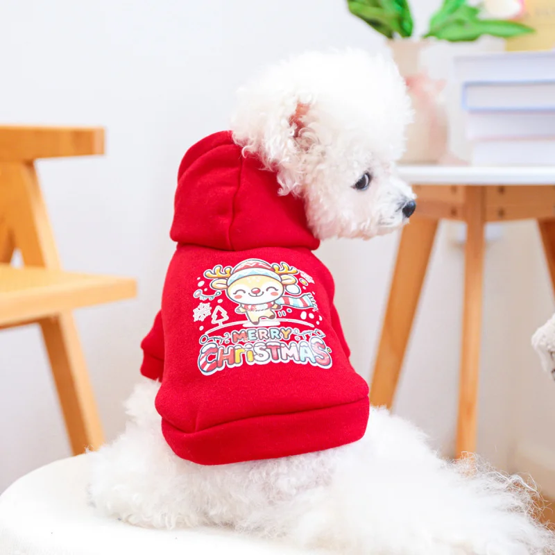 

Pet Dog Cat Hoodie 2024 Christmas Reindeer Bright Red Sweatshirt, Pet Circle Festive Holiday Clothes for Small Animals Outfit