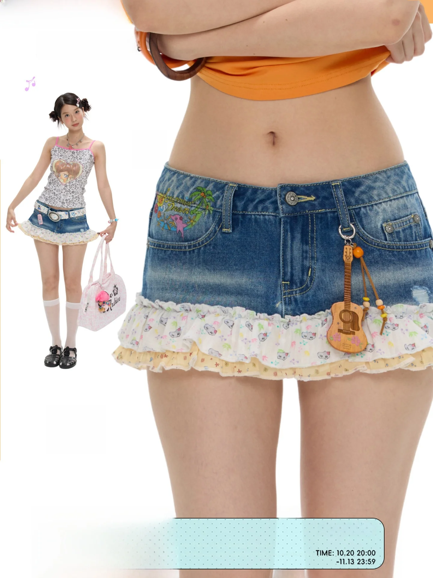 Cute Floral Short Denim Skirt Summer Retro Island Style High Waist Cotton Cake Skirt Betweenand Brand Women's Fashion
