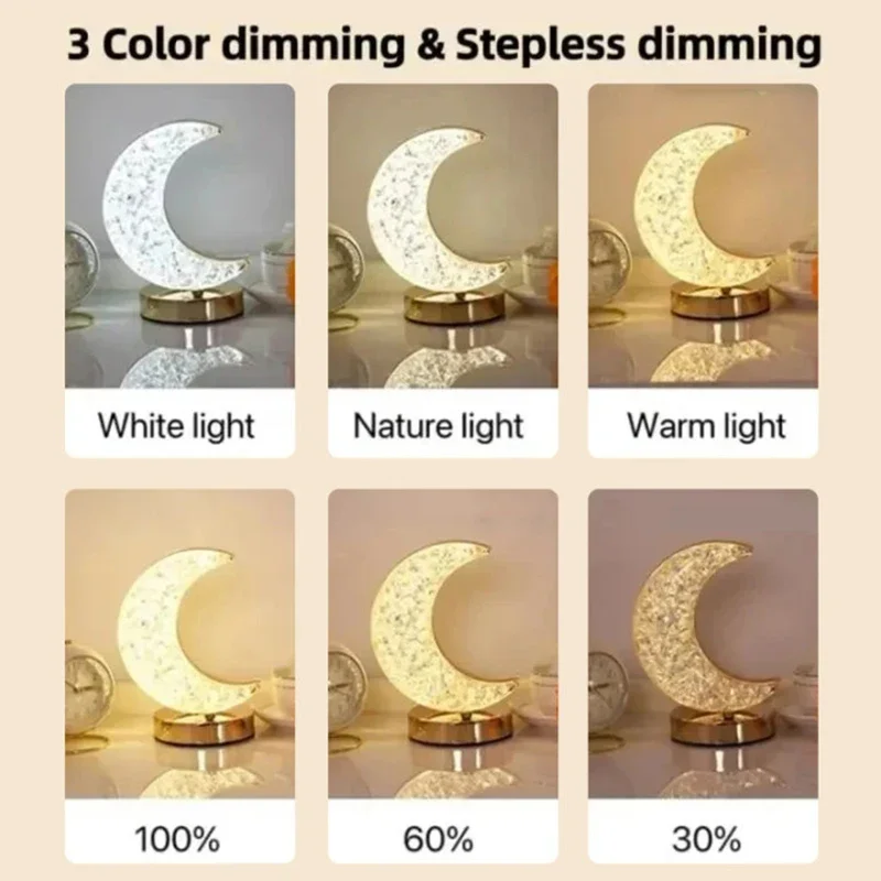 LED Crystal Lamp Star Moon Small Night Light 3 Colors Table Touch Stepless Dimming USB Rechargeable Bedroom Decor Lantern