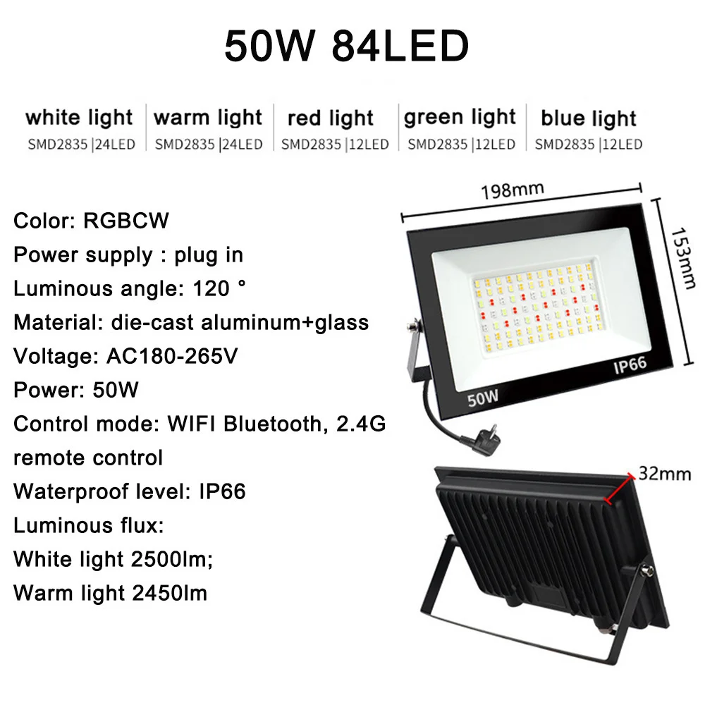 RGBCW LED Wifi Smart Flood Light Spotlight 50W 100W IP66 Outdoor Reflector RGB Color Warm Cool light Floodlight Landscape Light