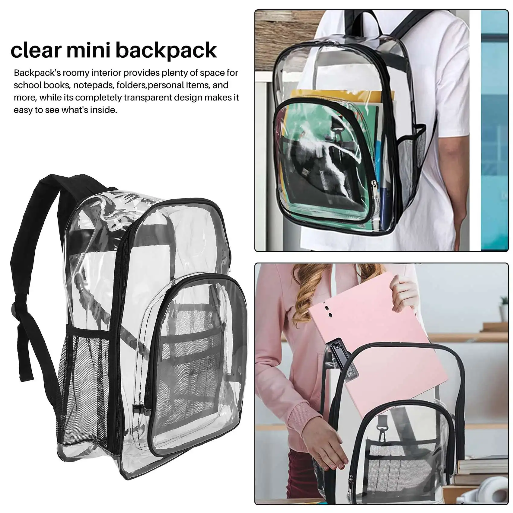 FZFZ 頑丈なクリアバックパック、セキュリティ透明スクールバックパック、仕事、セキュリティチェック、旅行用のシースルーブックバッグ