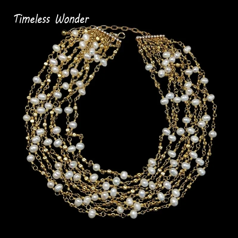 Timeless Wonder Fancy Natural Pearl Beaded Strand Pave Necklace Women Designer Jewelry Top Rare Trendy Classy Vintage 4612