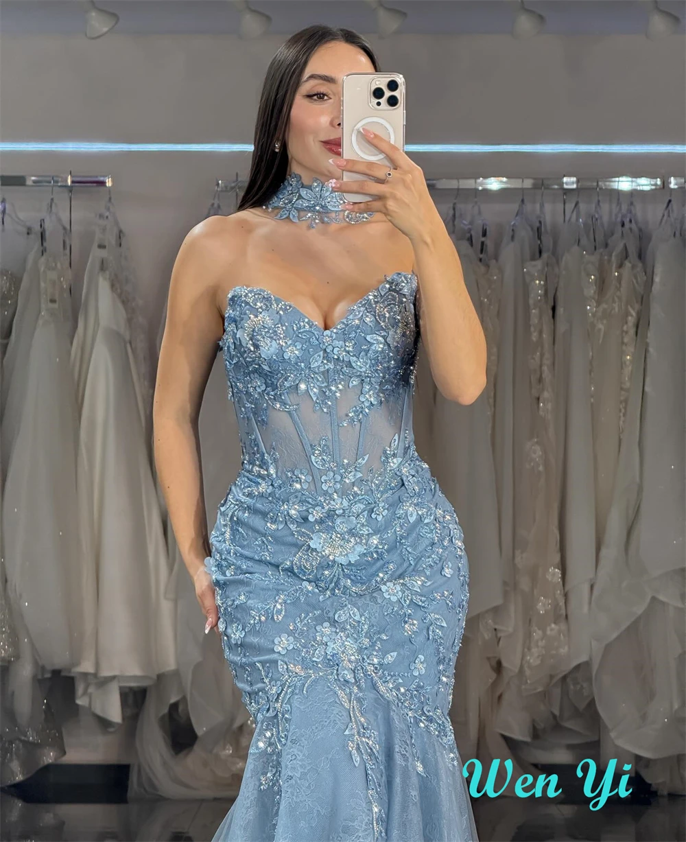 Customized  Mermaid Exquisite Blue Tulle Evening Dress Formal Sweetheart Sleeveless Homecoming Dresses Luxury Vestido D image 4