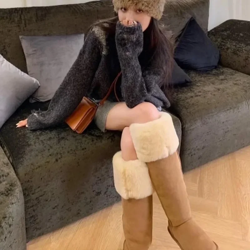 Winter women\'s boots over the knee long boots, super high tube sheepskin integrated snow boots, winter outdoor insulation