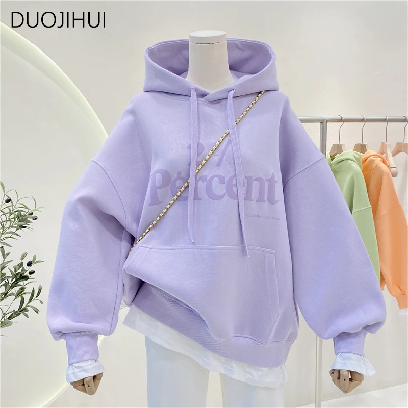 DUOJIHUI New Green Basic Hooded Chicly Drawstring Women Hoodies Spring Fake Two Piece Street Letter Printed Loose Female Hoodies