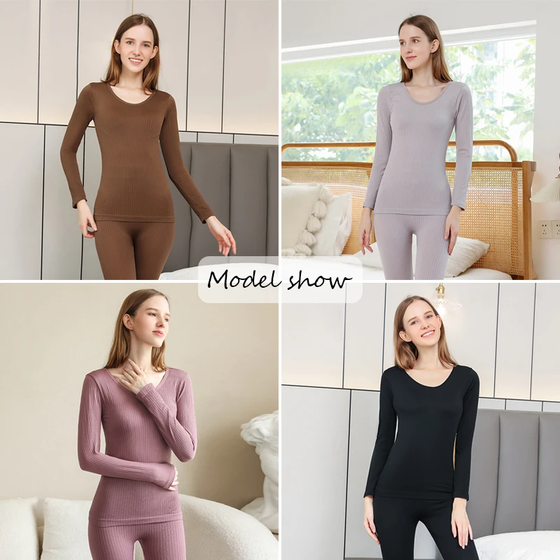 Women's Thermal Underwear Winter Warm Vertical striated Homewear Clothes Seamless Elasticity Long Sleeve Female Lingerie Set