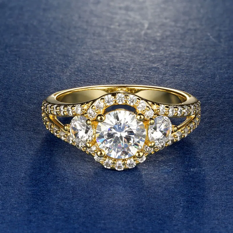 Trendy 6.5MM 1CT Wedding Women Ring Plated 14k Gold Silver Color Three Stone CZ Lab Diamond Engagement Rings Gift
