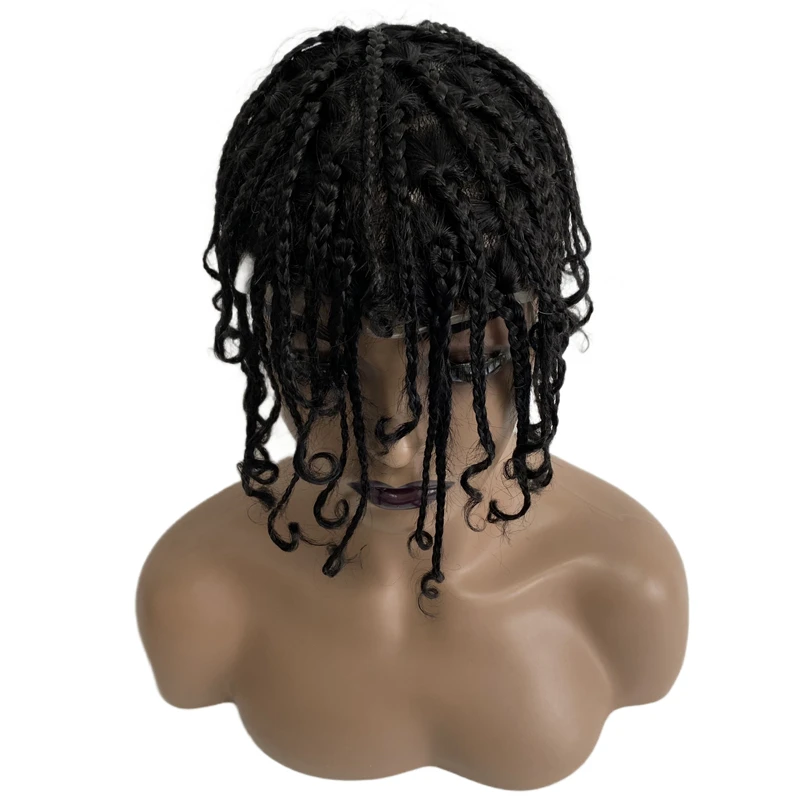 Malaysian Virgin Short Box Braids Toupee #1b Color 8x10 Skin Knots PU Topper for Woman