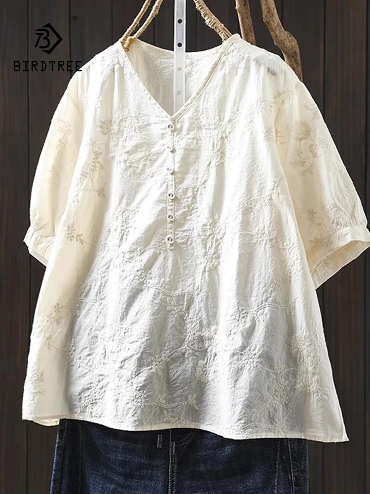 

New 2025 Summer Cotton Half Sleeve Shirt, Women V Neck Embroidery, Mori Girl Vintage Design Japan Style Loose Blouse T56749CC