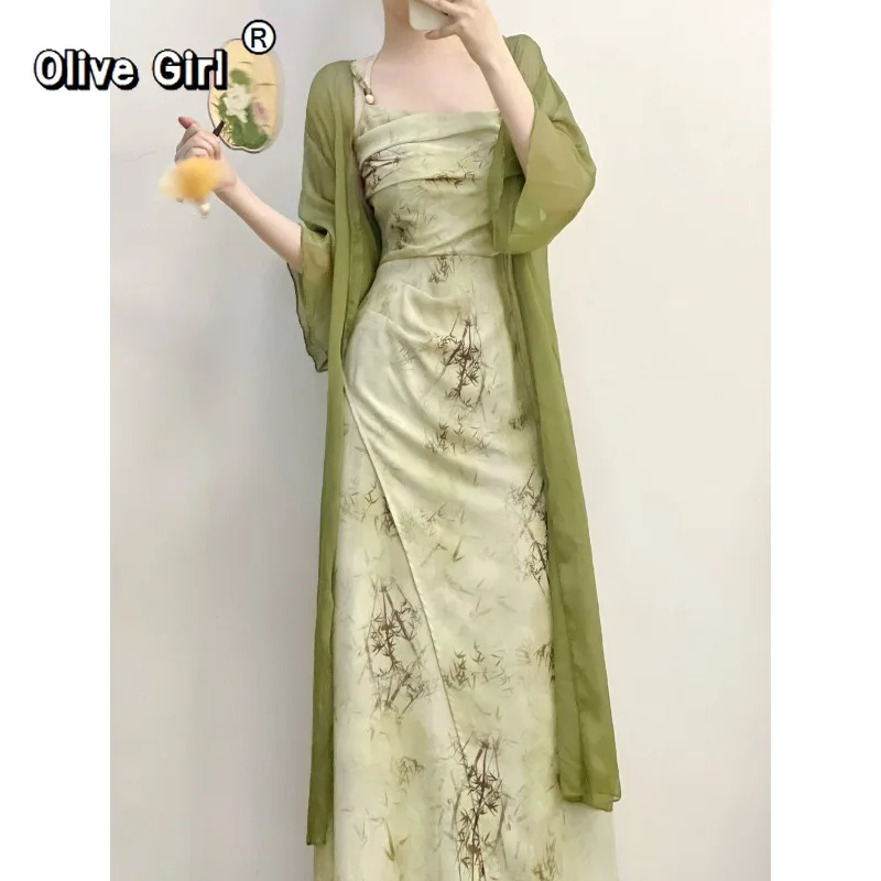 Olivegirl Summmer Green Dress Sleeveless Floral Prints Suspender Dress Spring Elegant Retro Chiffon Cardigan Women's Clothing