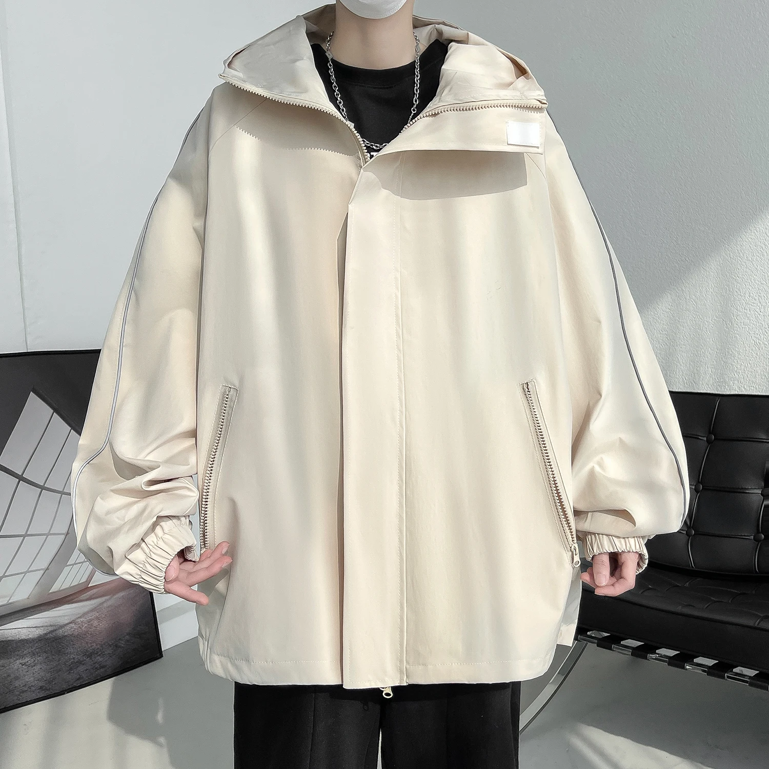 Men's Hooded Jacket Spring New Solid Coat Loose Oversized Top Fashionable Versatile Clothing Thin Student School Uniform Zipper