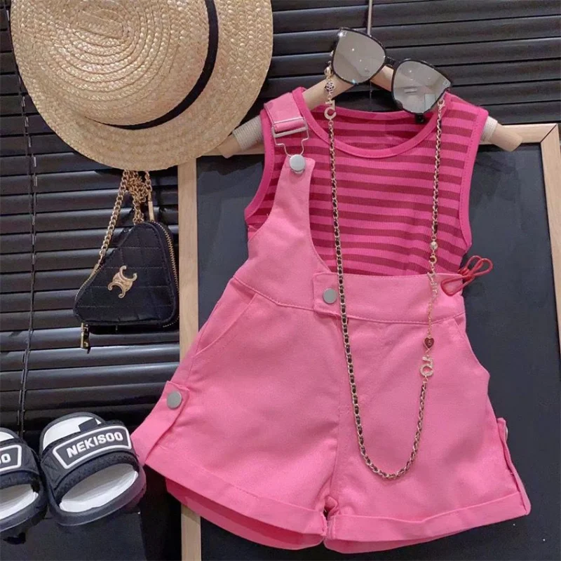 

Summer Girls' Outfit2025New Sleeveless StripesTT Shirt Suspender Shorts Children's Casual Two-Piece Suit