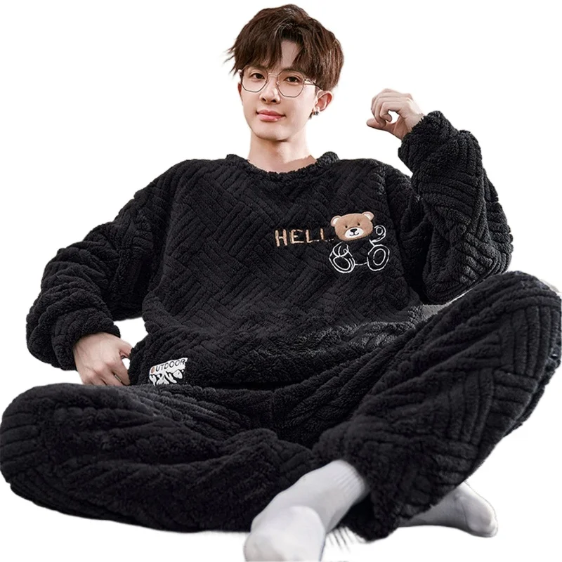 Sleepwear Winter Men's Pajamas Coral Velvet Reinforced Velvet Teen Student Cartoon Dinosaur Autumn and Winter Warm Home Wear