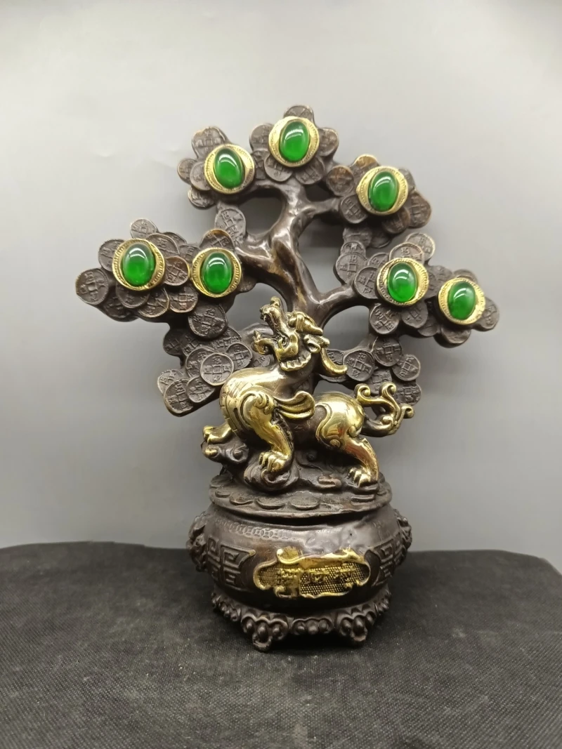 Antique Bronze Collection Inlaid Agate Pixiu Fortune Tree Bedside Ornament