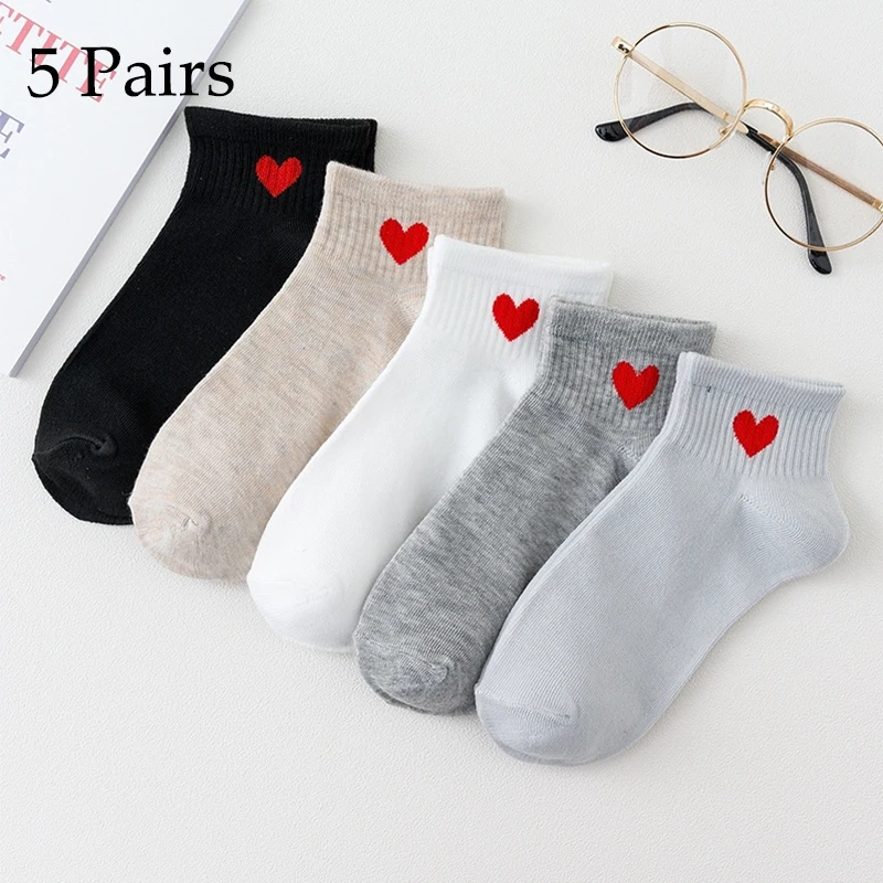 5 Pairs Socks Cotton Short Socks Harajuku Novelty Love Heart Pattern Socks Hip Hop Solid Color Cute Socks