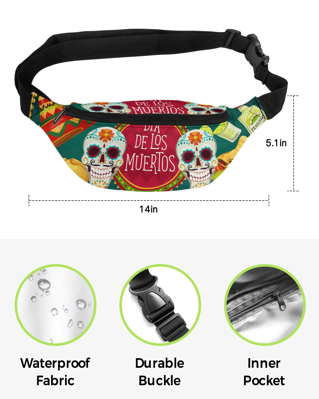 Mexican Festival Food Skull Straw Hat Cactus Waist Bag Women Men Belt Bags Large Capacity Waist Pack Unisex Crossbody Chest Bag