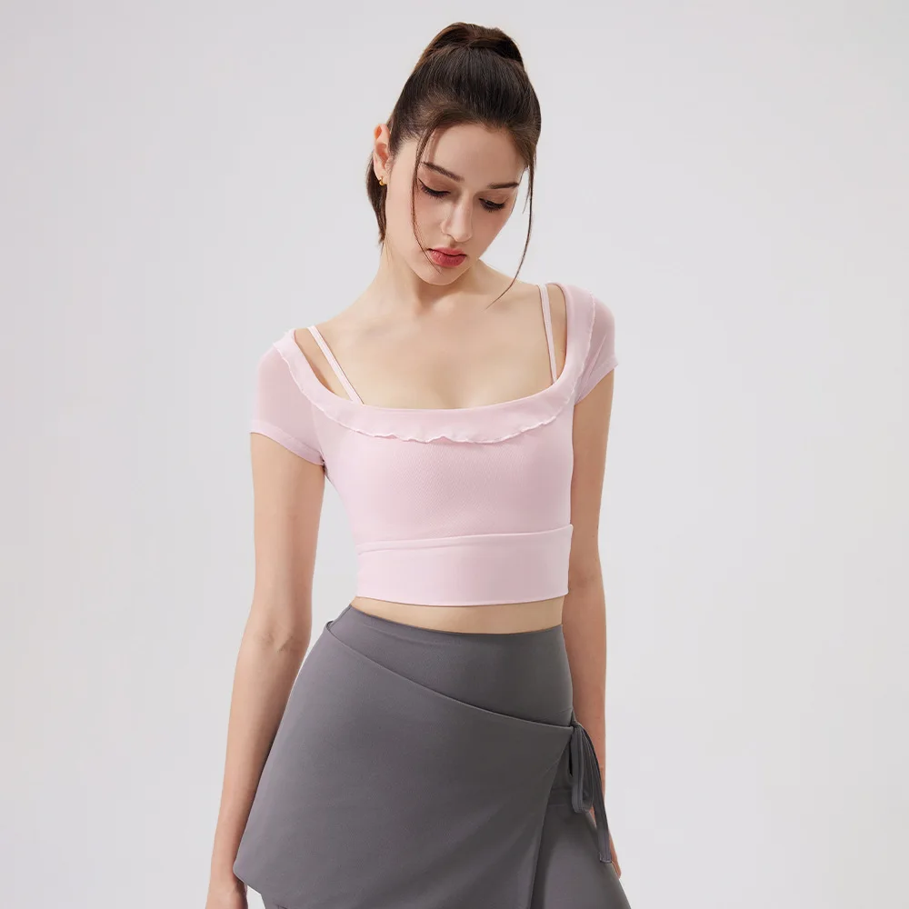 Kanten mesh korte mouwen hardloopsnelheid drogende sportbeha met borstkussen, hoge taille hardloopfitness bell bottom broek 2025