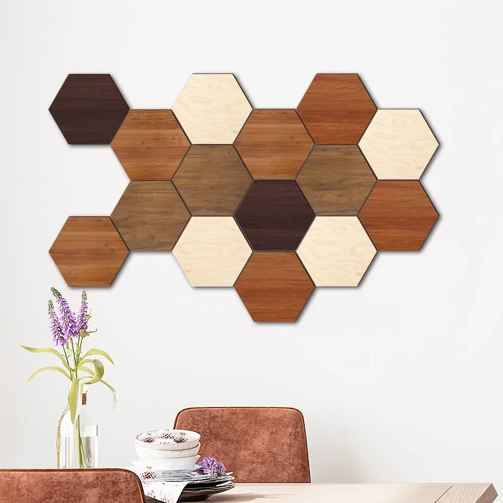 Creative Three-dimensional Combination Hexagonal Wooden UV-printed Wall Stickers for Home Background Wall Decoration