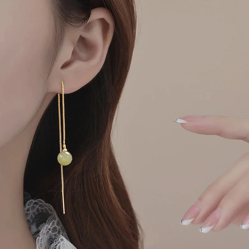 Hot-Seller Hetian Jade Round Bead Threader Earrings Ultra Thin Box Chain Long Drop Ear Line Minimal Women Elegant Daily Jewelry