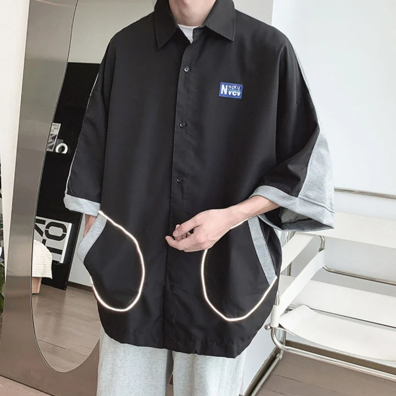 Reflective Article Shirts Men Spliced Contrast Color Korean Style Teenagers Normcore Summer Fashion Leisure Loose Fitness M-4XL